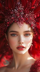 closeup fashion portrait of young woman wearing elaborate designer headdress in red and looking at c