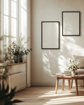 A cozy living room with soft natural light filtering through a window, featuring empty frames and lush plants.