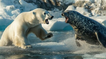 Poster - Polar Bear and Leopard Seal Confrontation on Arctic Ice