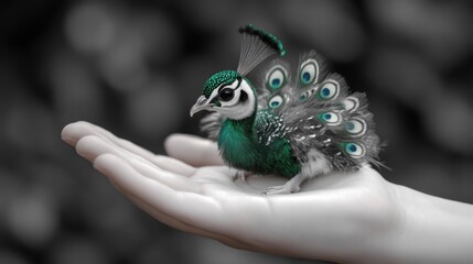 Poster - A Tiny Peacock Resting on a Hand