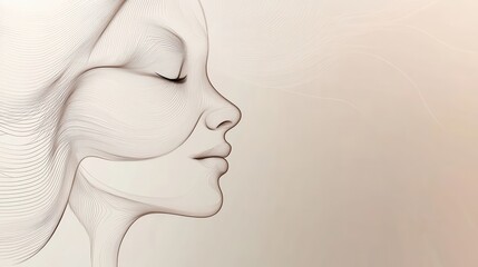 Poster - Flowing lines create an outline of a serene female face, emphasizing softness and calmness through abstract artistry and gentle hues. Generative AI