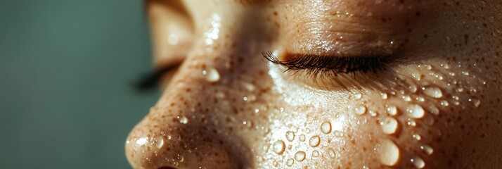 Poster - Water droplets rest on the skin of a person whose eyes are closed, conveying a sense of tranquility and freshness. Generative AI