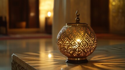 Ornate Golden Lamp Illuminates a Marble Table