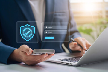 Leinwandbilder - data protection and cybersecurity. Secure Login Authentication, Business professional using smartphone and laptop for secure login authentication, password field and shield icon for data protection.