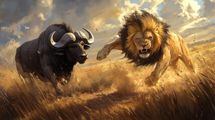 Poster - A Lion Leaping Towards a Charging Buffalo in a Golden Savanna