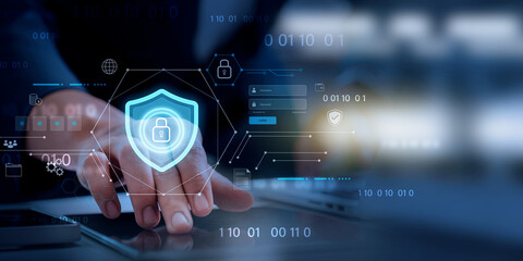 Aufkleber - Cybersecurity and digital data protection, digital cybersecurity interface featuring secure login authentication, data protection shield, and encrypted binary code elements.