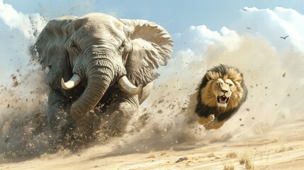 Poster - Elephant and Lion Running Through a Dusty Desert Landscape