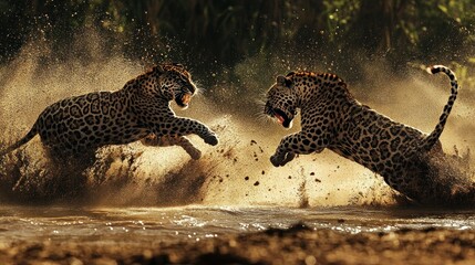 Poster - Two Jaguars Splashing in a Golden River