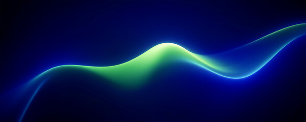 Poster - Abstract blue background with a neon green wavy line in the middle, glowing effect, dark gradient background.