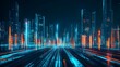 © KHF - Digital technology metaverse with neon blue and green background, cyber information, abstract speed connect communication, and retro city future meta tech