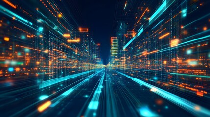 digital technology metaverse with neon blue and green background, cyber information, abstract speed 