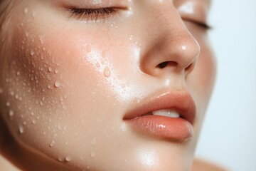 Poster - A woman showcases her glowing skin with water droplets, emphasizing a healthy skincare routine and natural beauty. Generative AI