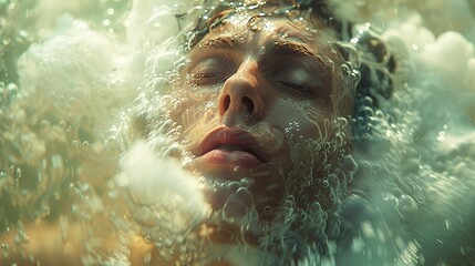 Poster - Close Up Underwater Portrait of a Man with Bubbles