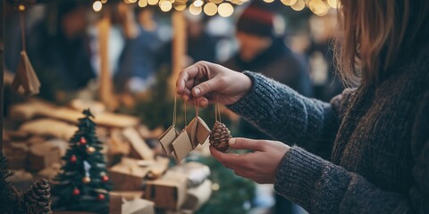 A person browsing wooden Christmas decorations at a holiday market, selecting handmade ornaments with festive lights and stalls in the background, selective focus

