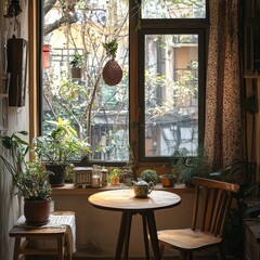 Cozy indoor space featuring a wooden table, plants, and warm sunlight streaming through a large window.