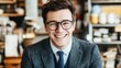 © Anna - The young man exudes confidence and warmth as he smiles brightly in a stylish cafГ© adorned with books and natural light, showcasing a relaxed atmosphere perfect for socializing or working