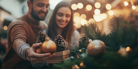 Wall Mural - A happy couple decorating a Christmas tree together with natural and festive ornaments, sharing a joyful moment with holiday lights in the background, selective focus

