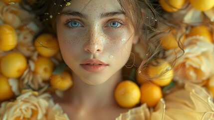 Wall Mural - Golden Portrait: A Woman's Face Surrounded by Yellow Flowers