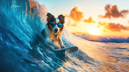 Collie dog surfing a huge ocean wave at sunset wearing stylish sunglasses