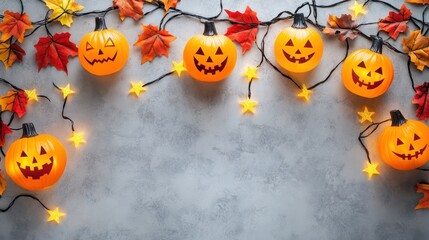 Wall Mural - Festive Halloween Banner with Pumpkins and Lights