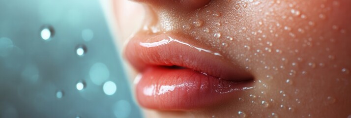 Aufkleber - A close-up view highlights the woman's moist lips adorned with raindrops, evoking a sense of refreshment and allure. Generative AI