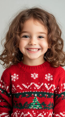 Wall Mural - little girl portrait, little child wearing a Christmas sweater, simple background, Christmas knitwear,