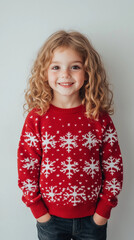 Wall Mural - little girl portrait, little child wearing a Christmas sweater, simple background, Christmas knitwear,