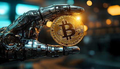 Wall Mural - a close-up image of a robotic hand holding a gleaming bitcoin coin. the background features futurist