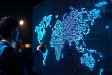 Businessman pointing at a digital world map.