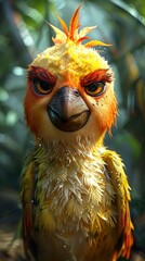 Poster - Close Up Portrait of a Yellow and Orange Bird with Wet Feathers