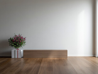 Modern interior decor featuring a wooden bench beside a potted plant in a bright room