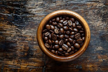 roasted coffee beans close up on a plate Coffee beans neatly arranged both inside and outside a small wooden bowl.