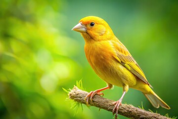  A bright wild canary perches elegantly on a branch, surrounded by a soft green backdrop, reflecting its natural habitat in an enchanting display of color.