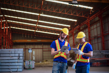 Civil Engineer or Construction engineer and foreman having Check project progress and discussion together for a building plan and architecture development at the construction site of factory