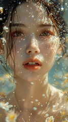 Poster - Underwater Portrait: A Woman's Face Surrounded by Flowers and Light