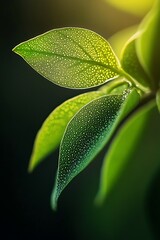 Canvas Print - Close up of green leaves with dew drops in sunlight