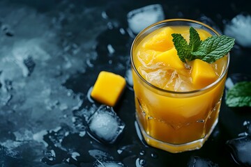 Mango juice on the wooden table Fresh mango juice with beautiful chopped pulp flesh on bright wooden table background. Tropical fruit drink design concept. Close up, copy space.