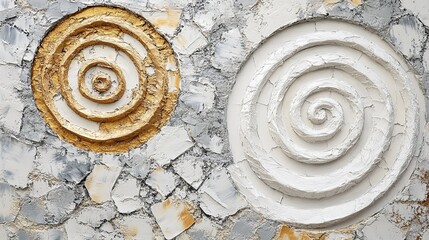 Minimalistic abstract oil painting of japanese rock garden with textured spiral circles textured background large strokes white beige grey light cyan gold colors