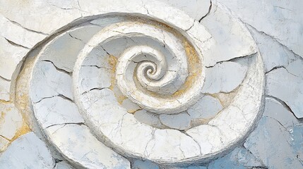 Minimalistic abstract oil painting of japanese rock garden with textured spiral circles textured background large strokes white beige grey light cyan gold colors