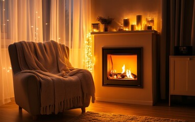 A cozy living room featuring a warm fireplace, soft armchair, and ambient lighting, creating a relaxing atmosphere.