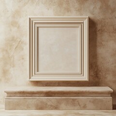 This image displays an elegant beige frame on an ornate pedestal, set against a textured wall, highlighting classical sophistication.