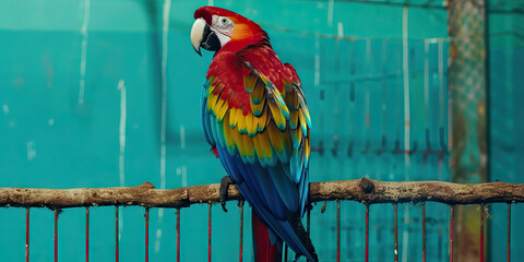 A Macaw Perched on a Branch in a Naturalistic Cage, Colorful Feathers Shining Against a Vibrant Turquoise Backdrop