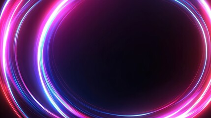 glowing neon color circles round curve shape with wavy dynamic lines isolated on black background technology concept. Circular light frame border