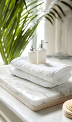 2. **Spa-Inspired Ambiance:** Illustrate a white marble tabletop set in an opulent bathroom environment, featuring elegant decor and plush towels. The mockup space invites product montages, creating