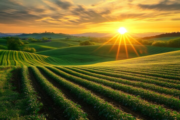 Wall Mural - the sun rises majestically over a serene landscape, illuminating rows of crops while casting a warm 