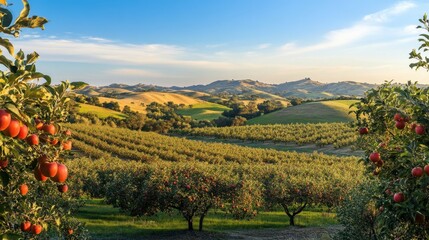 Wall Mural - A wide panoramic view of an apple orchard filled with ripe, red fruit hanging from the trees, set against a blue sky and rolling hills.