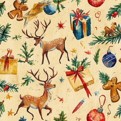 Vintage Christmas seamless pattern with deers, gifts, ornaments, and fir branches.