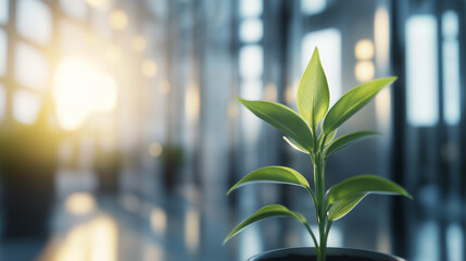 Young plant growing in modern office environment, symbolizing business growth and sustainability