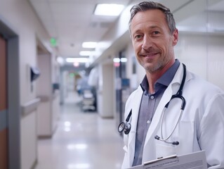 Portrait of a Friendly Smiling Male Doctor in a White Coat in a Hospital