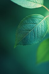 Sticker - Close up macro photo of a green leaf with veins on a blurred background